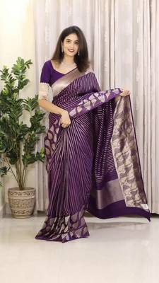 Purple art Banarasi Soft Silk Women Saree With Blouse Set 4