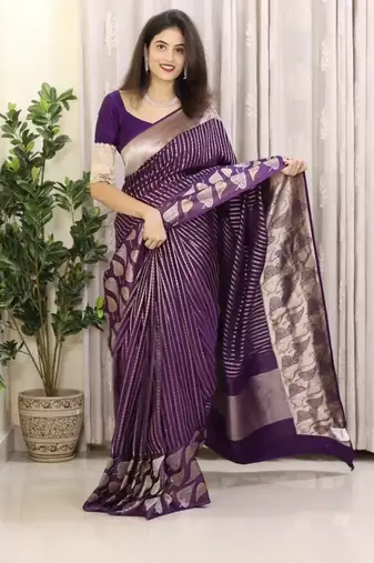 Purple art Banarasi Soft Silk Women Saree With Blouse Set