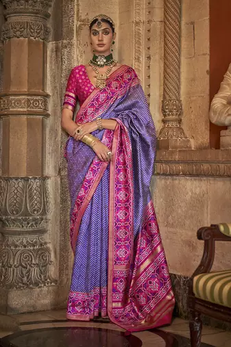 Patola print silk blend traditional saree in violet