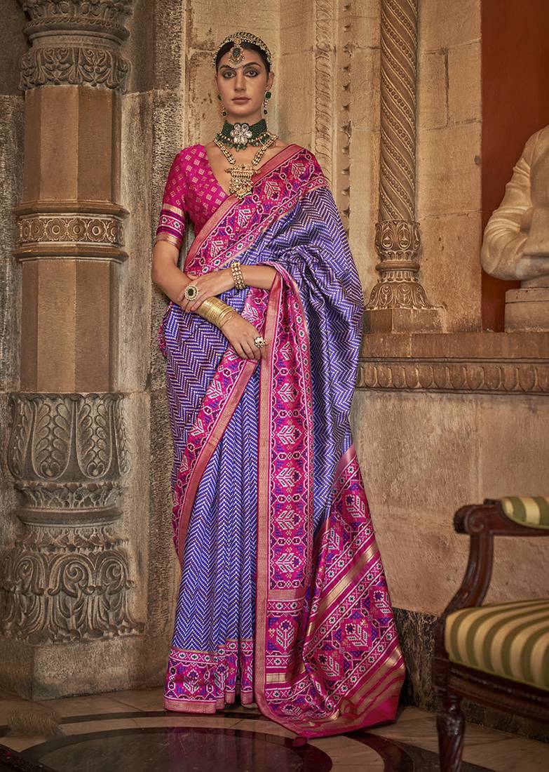 Patola print silk blend traditional saree in violet