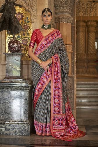 Patola print silk blend traditional saree in black
