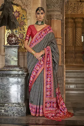 Patola print silk blend traditional saree in black