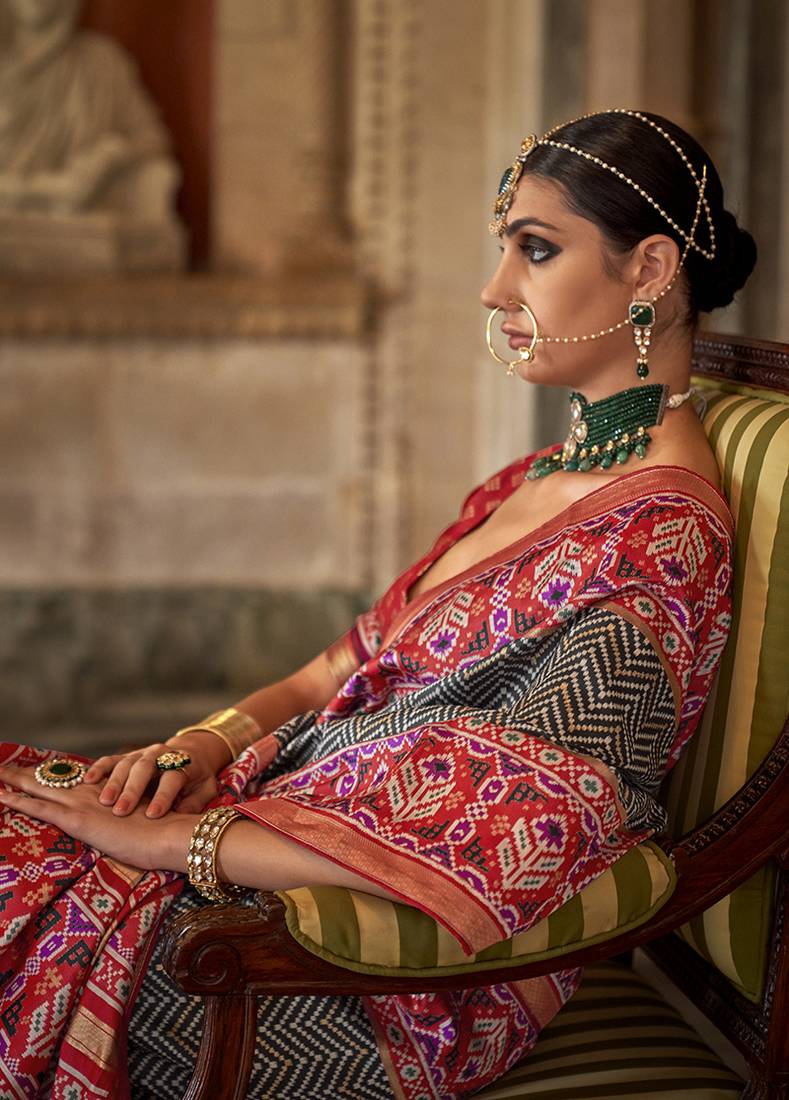 Patola print silk blend traditional saree in black