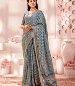 Teal blue silk blend printed traditional saree