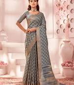 Dark grey silk blend printed traditional saree