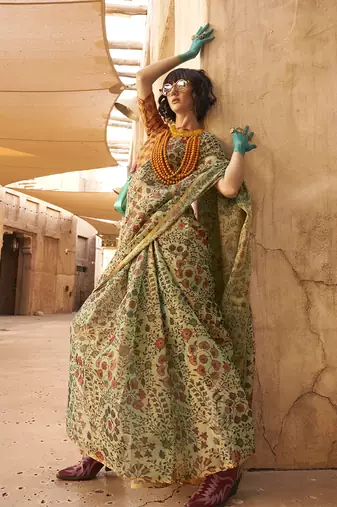 Tissue printed light green saree