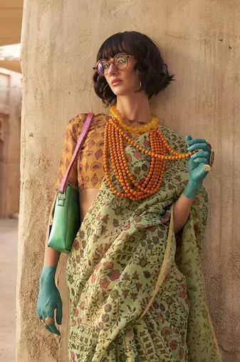 Tissue printed light green saree