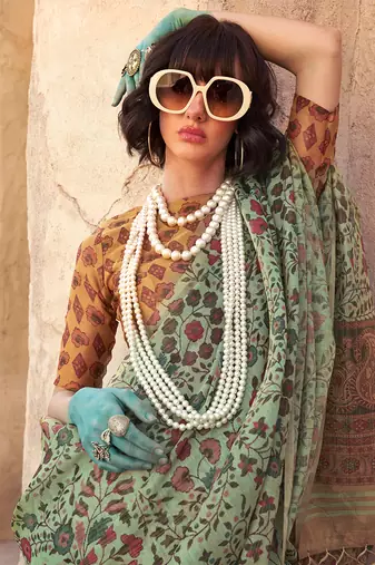 Tissue printed sea green saree