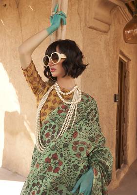 Tissue printed sea green saree 3