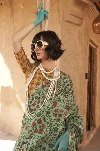 Tissue printed sea green saree