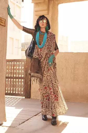 Tissue printed beige saree