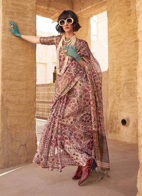 Tissue printed baby pink saree 1