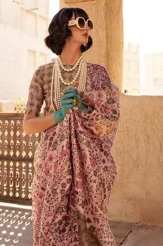 Tissue printed baby pink saree