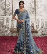 Viscose silk blend embroidered saree in navy blue