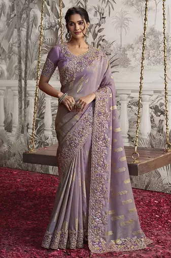 Viscose silk blend embroidered  saree in lilac