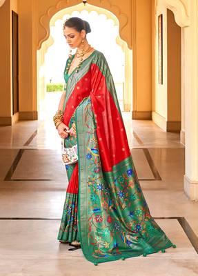 Red silk blend woven saree 1