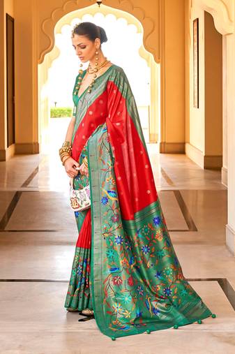 Red silk blend woven saree