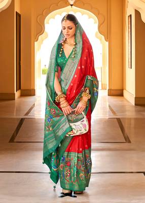 Red silk blend woven saree 2