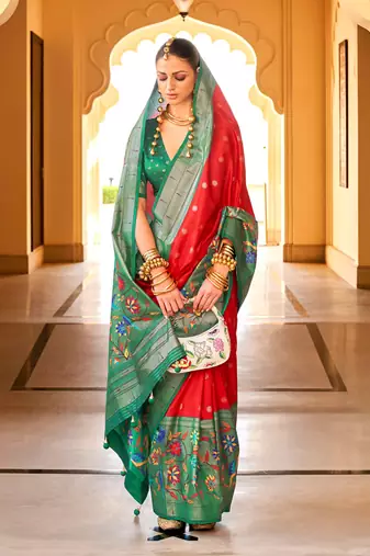 Red silk blend woven saree