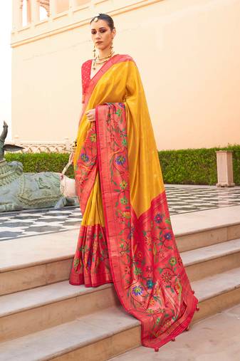 Mustard silk blend woven saree