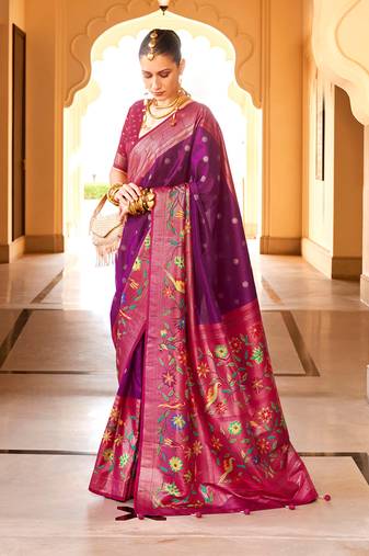 Purple silk blend woven saree