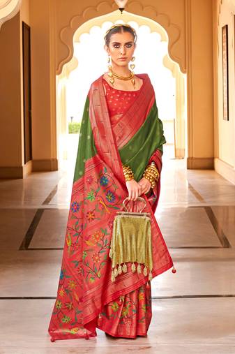 Mehendi silk blend woven saree