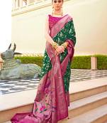 Dark green silk blend woven saree