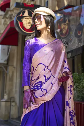Satin silk blend printed baby pink saree