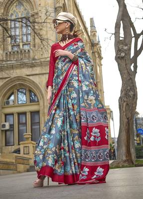 Satin silk blend printed grey saree 1