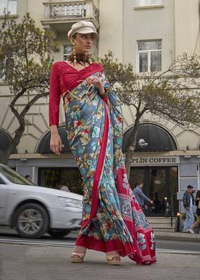Satin silk blend printed grey saree 2