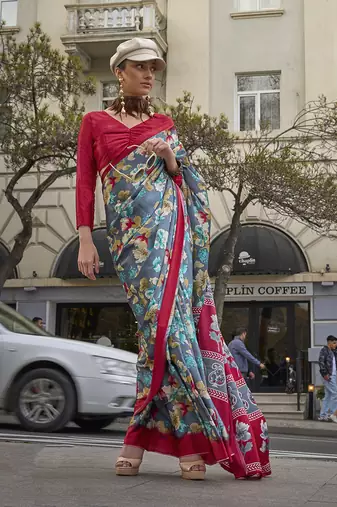 Satin silk blend printed grey saree