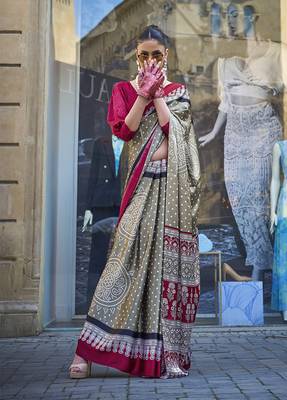 Satin silk blend printed light brown saree 1