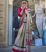 Satin silk blend printed light brown saree