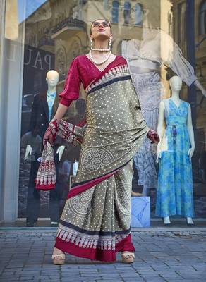 Satin silk blend printed light brown saree 2