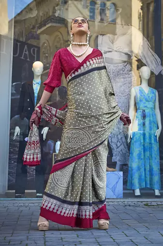 Satin silk blend printed light brown saree