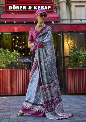 Satin silk blend printed grey saree 1