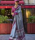 Satin silk blend printed grey saree