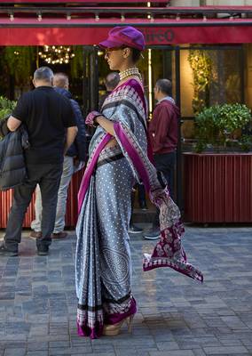 Satin silk blend printed grey saree 2