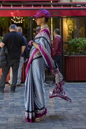 Satin silk blend printed grey saree