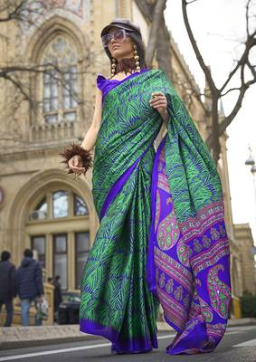Satin silk blend printed royal blue saree 1