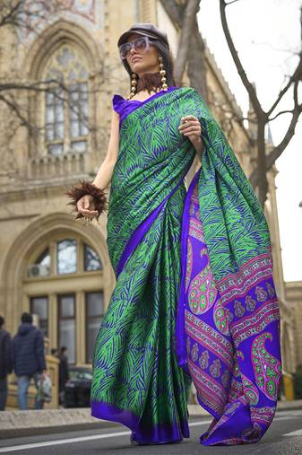 Satin silk blend printed royal blue saree