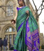 Satin silk blend printed royal blue saree