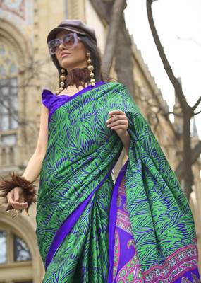 Satin silk blend printed royal blue saree 2