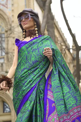 Satin silk blend printed royal blue saree