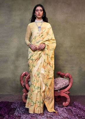 Faux Cotton printed light yellow saree 1