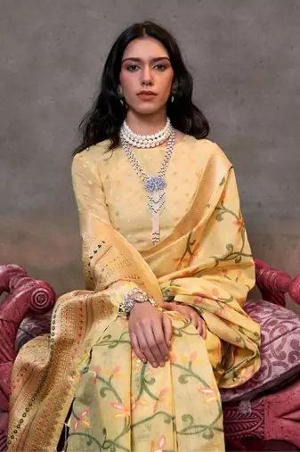 Faux Cotton printed light yellow saree