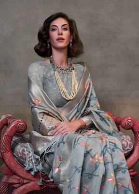 Faux Cotton printed slate grey saree 2