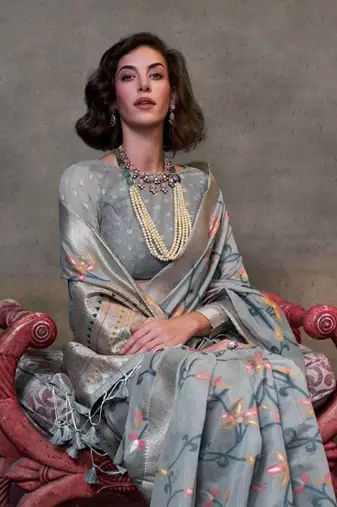 Faux Cotton printed slate grey saree