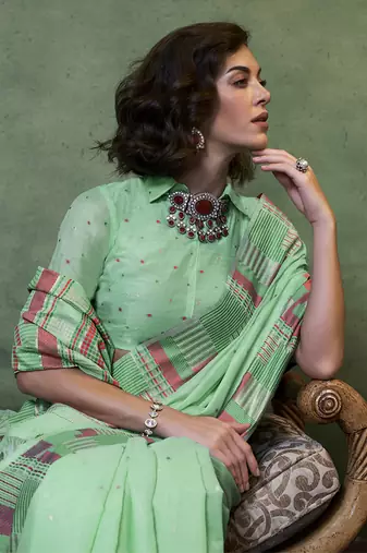 Faux Cotton light green woven saree