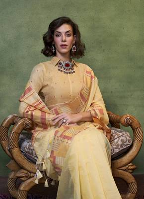 Faux Cotton light yellow woven saree 2